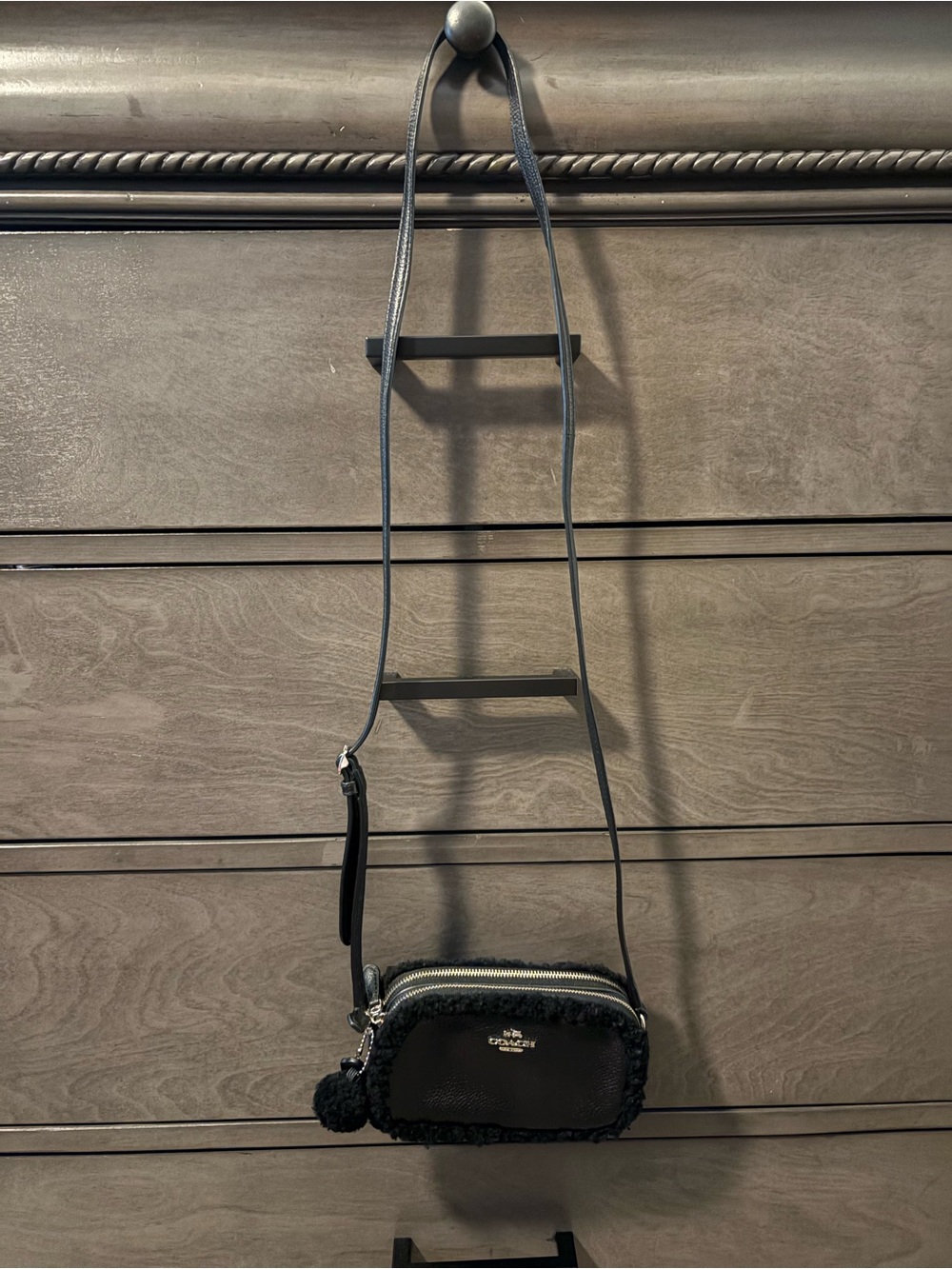 Coach Black Leather & Shearling Crossbody with Pom Pom